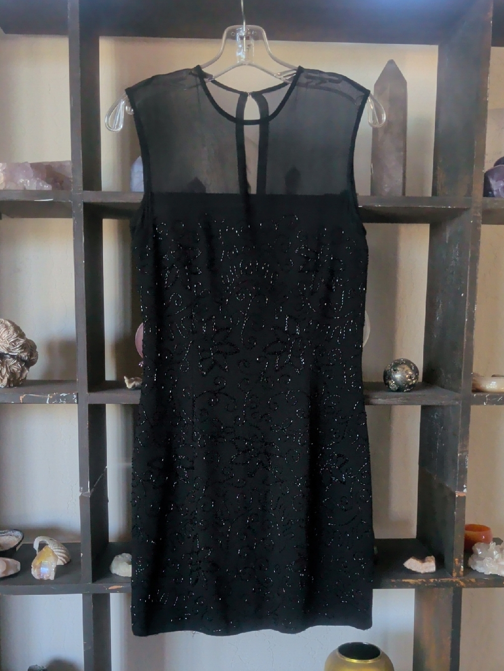 Neiman Marcus Black Beaded Sleeveless Mini Dress with Sheer Yoke